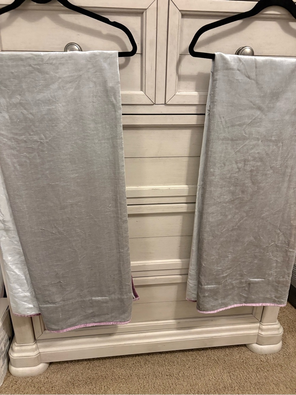 Anthropologie Plush Silver Curtain Panels with purple Trim